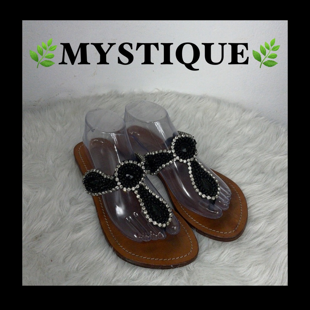 Mystique Boutique Black Jeweled T-Strap Sandals
